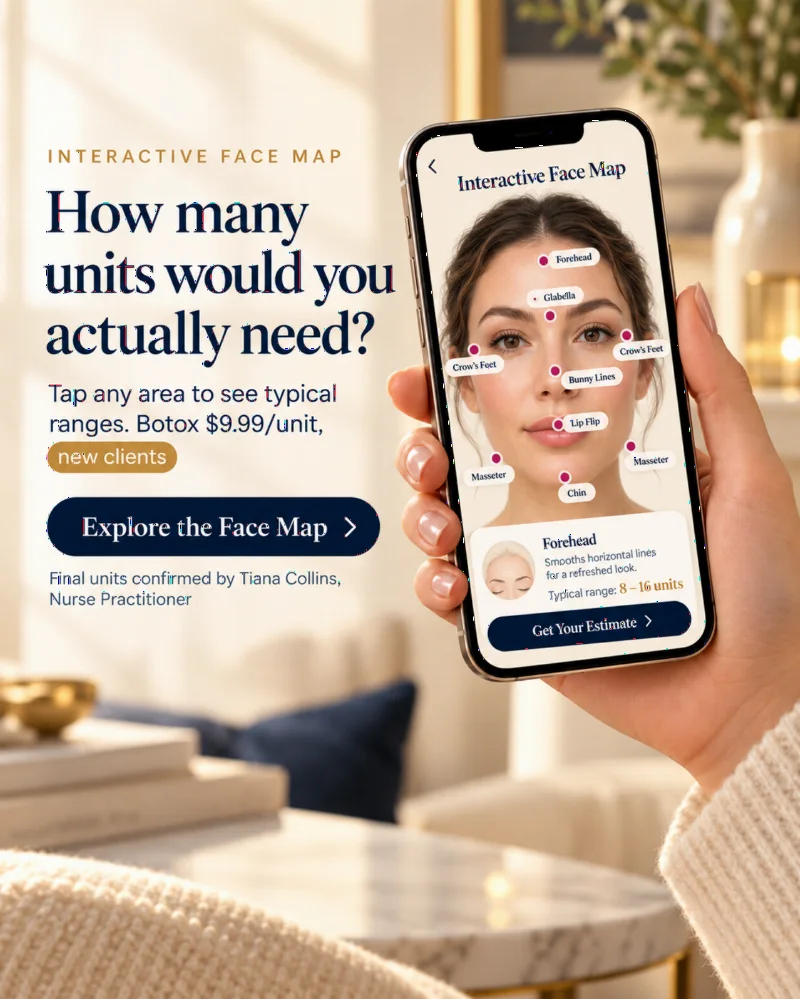 Elite VitaMed Aesthetics ad for an interactive face map: how many units would you actually need, Botox $9.99 a unit for new clients.