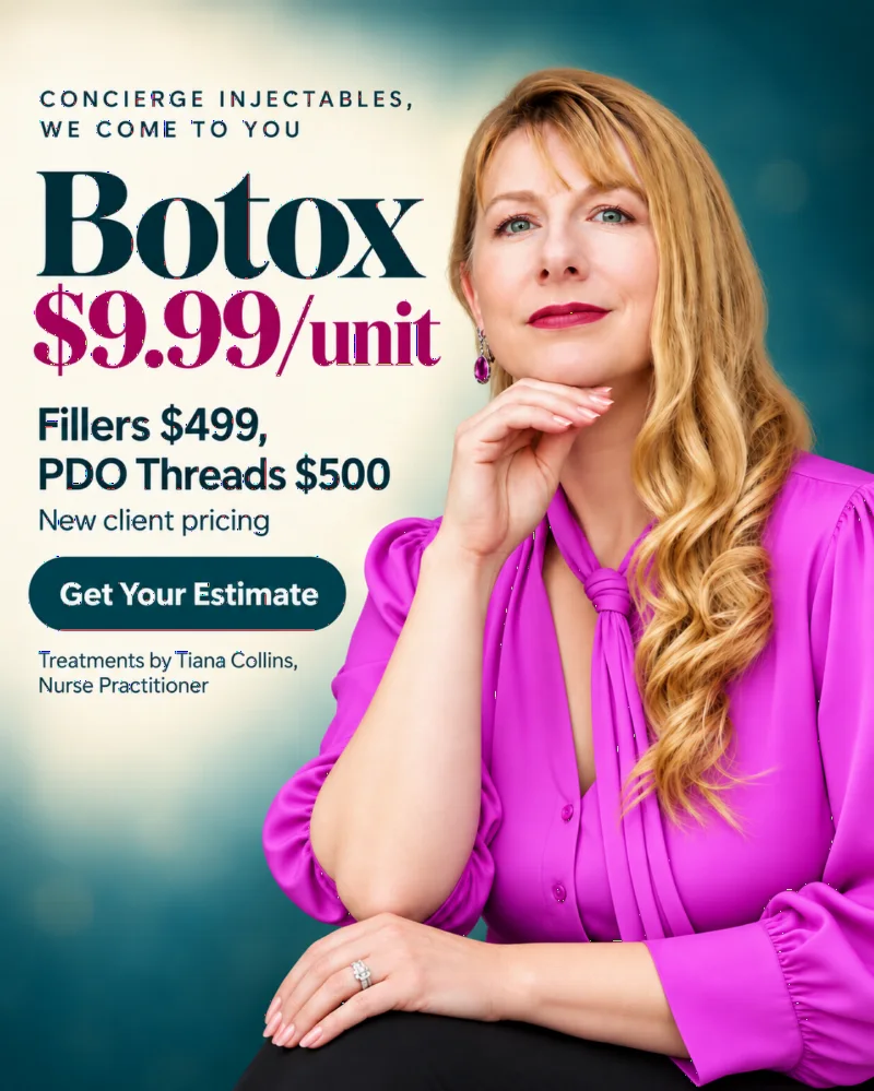 Elite VitaMed Aesthetics ad with Tiana Collins: concierge injectables, Botox $9.99 a unit, fillers $499, PDO threads $500, new client pricing.