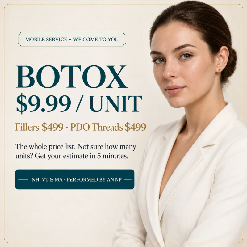 Elite VitaMed Aesthetics ad: mobile service, Botox $9.99 a unit, fillers $499, PDO threads $499, performed by a nurse practitioner in NH, VT and MA.