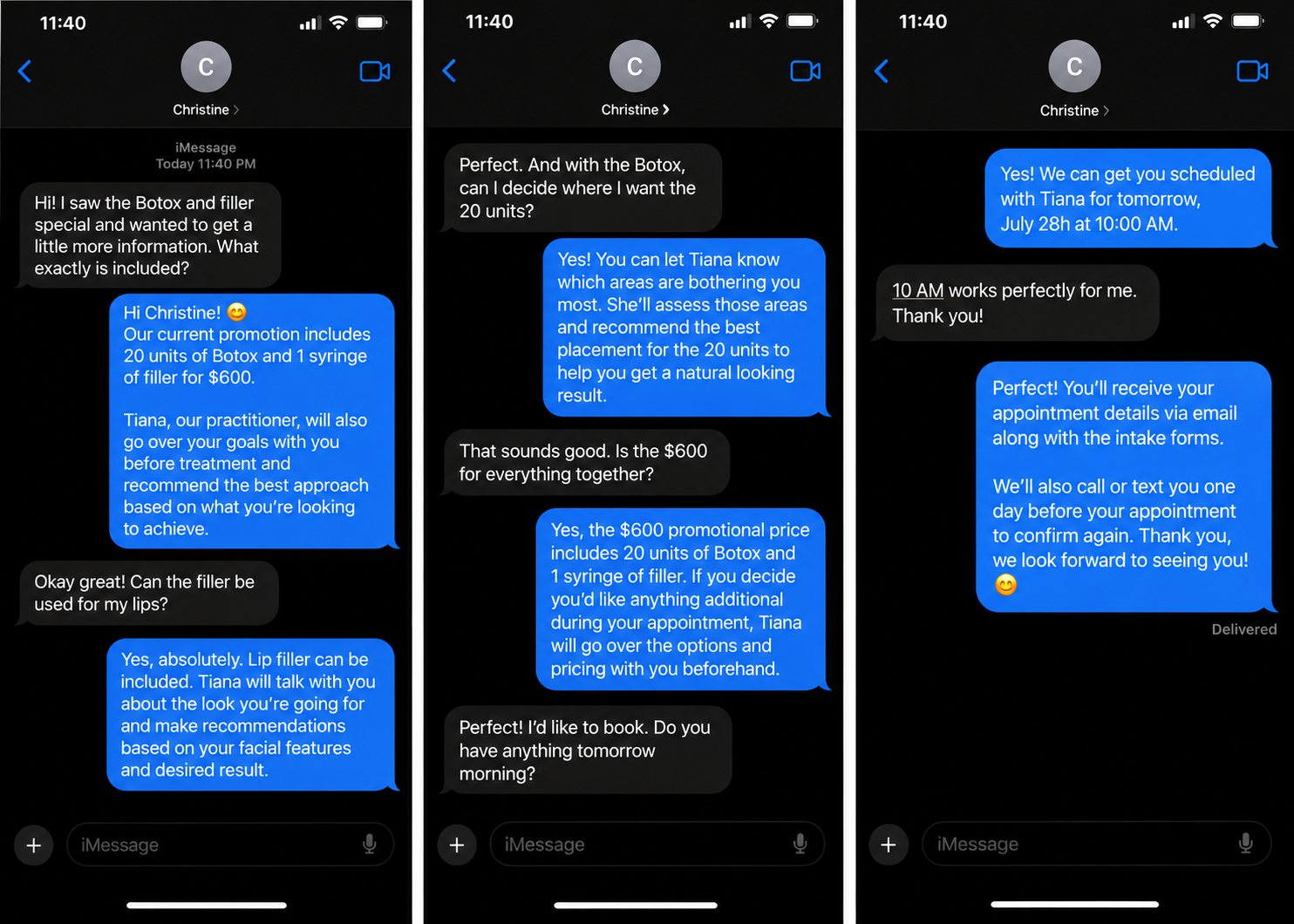 Three text-message screenshots at 11:40 PM: the AI assistant answers a lead's questions about the $600 Botox and filler promotion, explains what's included and how placement works, then books her with Tiana for 10:00 AM the next morning